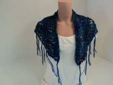 Handcrafted Scarf Blue Drop Stitch Fringes Merino Wool Mohair Female