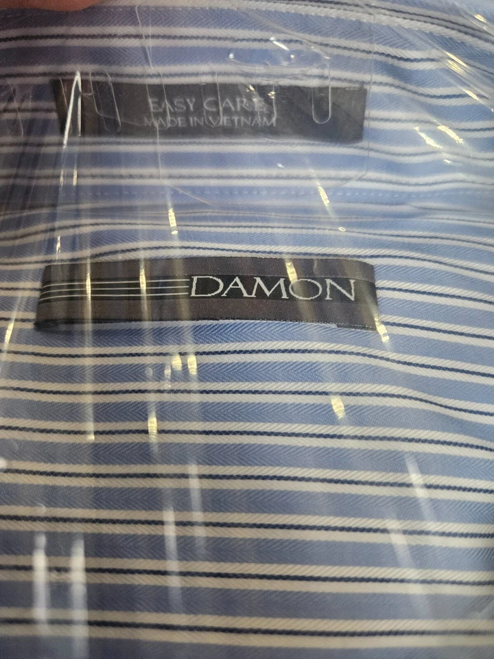 TALLA 17 34/35 DAMON (NUEVO) Camisa de Vestir Azul y Blanco Manga Larga Rayas LOTE #77 Foto 2 de 3
