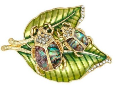 Napier Double Leaves and Beetle Bugs Brooch Pin Gold Tone w Gift Box NEW Lilac
