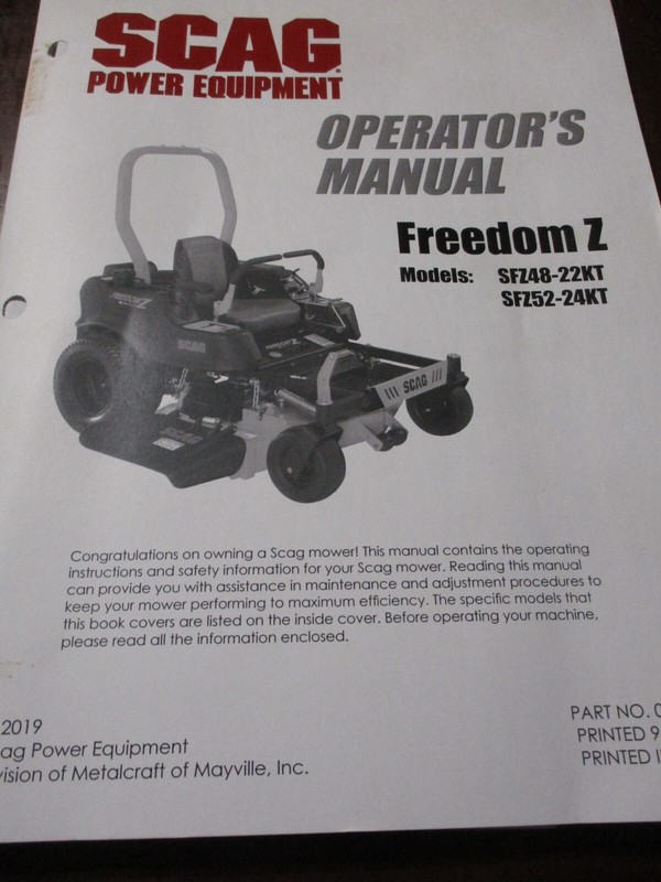 Scag SFZ48-22KT, SFZ52-24KT Mower Operator's Man, Engine Manual, Safety CD 2019