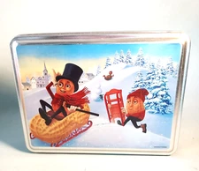 Planters Mr. Peanut Tin Box With Winter Sled Riding Scene Super Condition