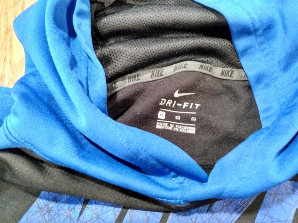 Nike Sweatshirt Youth XL Black & Blue Dri Fit Hoodie Swoosh High Neck