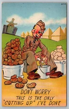 WWII Military Comic Peeling Potatoes Tank Art Tone Linen UNP Postcard N27