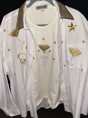 STUDZ CONNECTION-2XL WHITE EMBROIDERED CELEBRATION SHIRT W/ RHINESTONES VTG FS