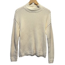 LL Bean Signature Fisherman Ribbed Sweater Womens L Organic Cotton Cable Knit