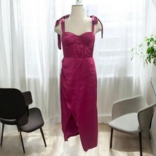 Lulus Fuchsia Satin Midi Dress Tie Shoulder Corset Bustier Slit Gown M Barbie
