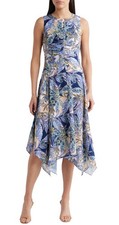 Vince Camuto Womens Paisley Ruched Handkerchief Hem Dress 8 Dark Blue Multi NWT