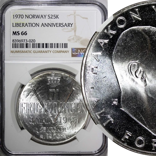 Norway Olav V Silver 1970 25 Kroner NGC MS66 Anniversary of Liberation KM#414(0)
