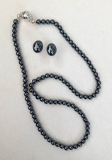 Hematite Pewter Grey Polished Stud Earrings & Bead Necklace