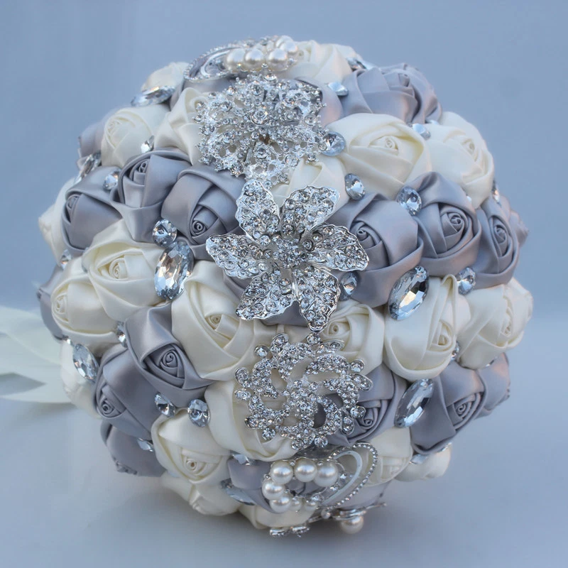 Handmade Luxury Silk Rose Rhinestone Pearl Brooch Wedding Bridal Bouquet  - Image 2 of 4