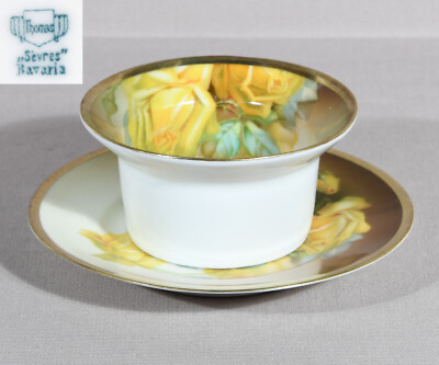 Thomas Sevres Custard Cup 2'' Tall With Plate 5'' Yellow Roses Gold Trim