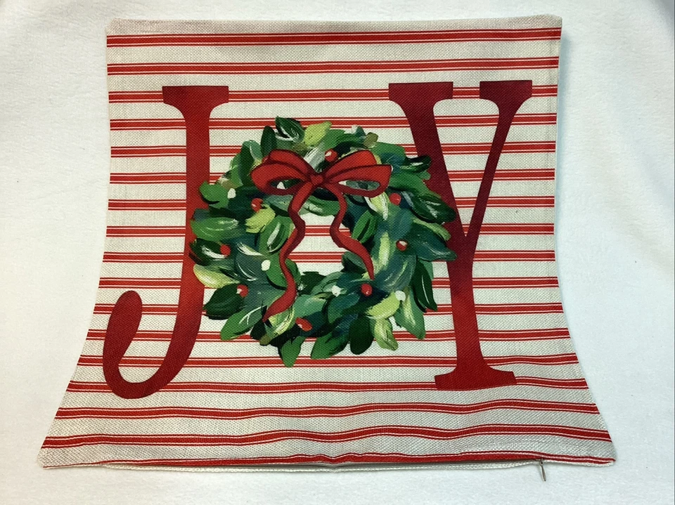 JOY Red Stripe Wreath Christmas Linen Throw Pillow Cover 18” Holiday Home Decor - Image 2 of 4