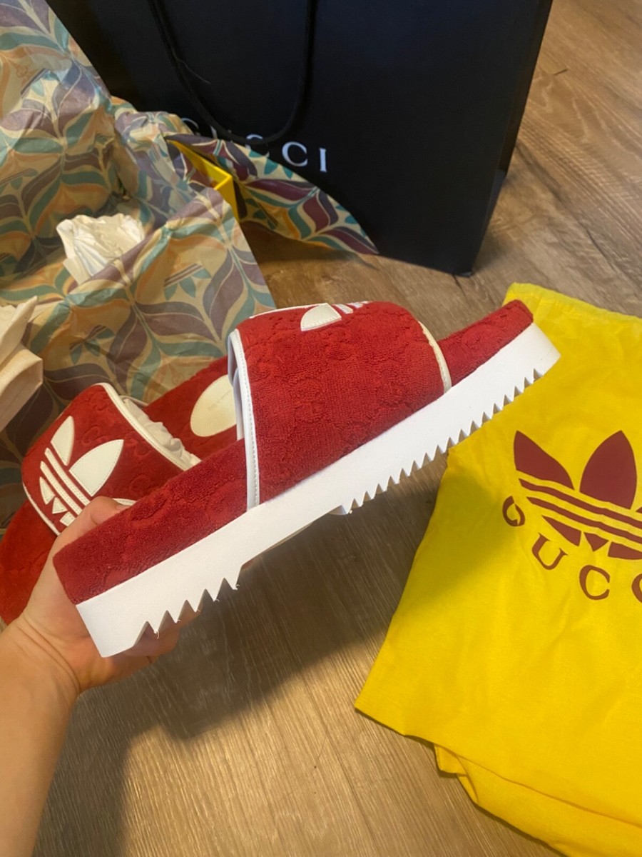 NEW Gucci x Adidas GG monogram Red logo slide sandals (GG 9 / US