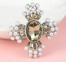 Elegant JEWEL Topaz PRINCESS Gem ROYAL Maltese CROSS Rhinestone PEARLS Brooch