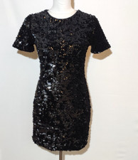 TopShop Black Velvet Sequin Bodycon  Mini Dress Short Sleeve Lined - Size UK 8