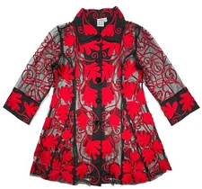 PARSLEY & SAGE Womens L Red Black Embroidered Mesh Jacket Artsy Button Front