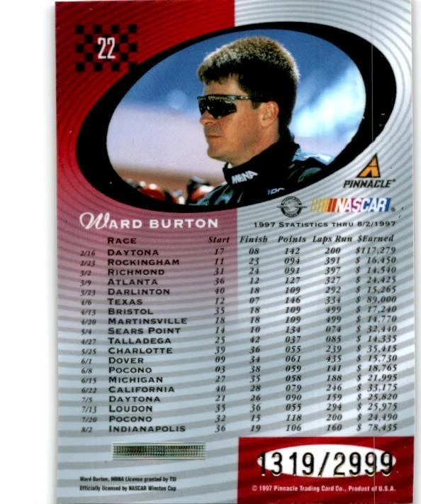 1997 Pinnacle Totally Certified #22 Ward Burton #/2999 - Image 2 of 2