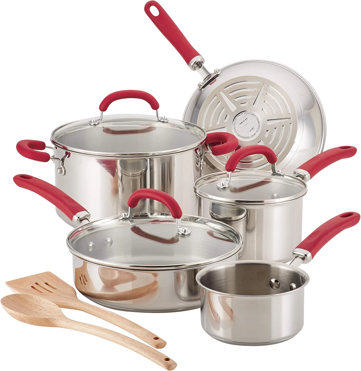 10-Piece Stainless Steel Cookware Set with Stylish Red Handles