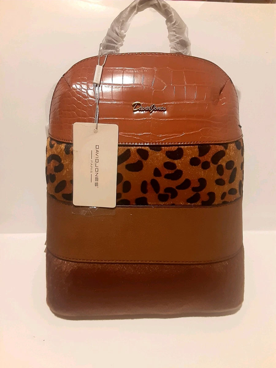 David Jones Cheatah/Brown Women Backpack Paris Brand Elegant NWT Faux  Leather