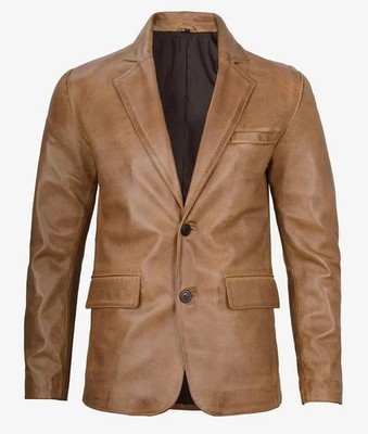 Men's Two Button Real Sheep Leather Camel Brown Leather Blazer Free Ship