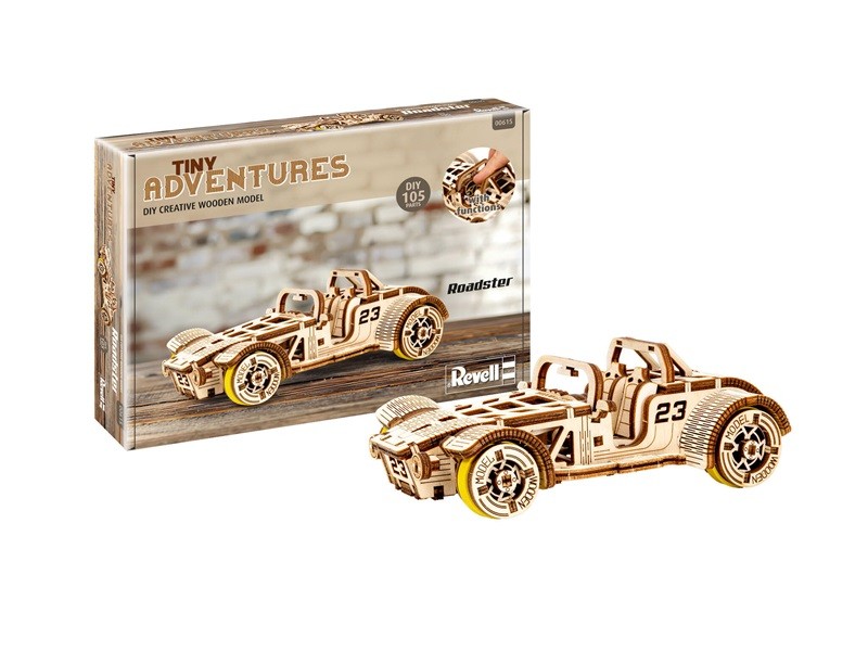 Revell 00615 - Tiny Adventures - Roadster - 1:32 Scale Wooden Model Kit - with Pull Back & Go Engine - Length 16.6cm - Image 2