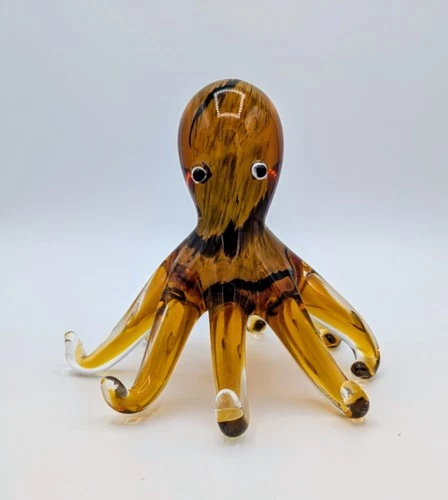 Cristalleria Murano Sole d’Arte Art Glass Octopus Figurine Amber Brown 6"