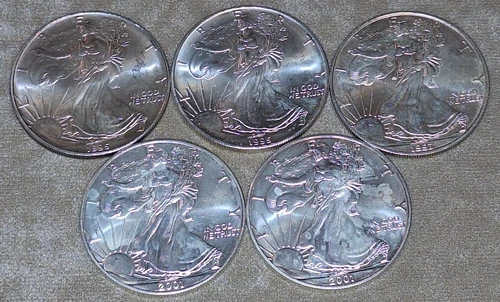 Lot of 5 American Silver Eagle 1995, 1997, 2001 1oz .999 Fine Silver