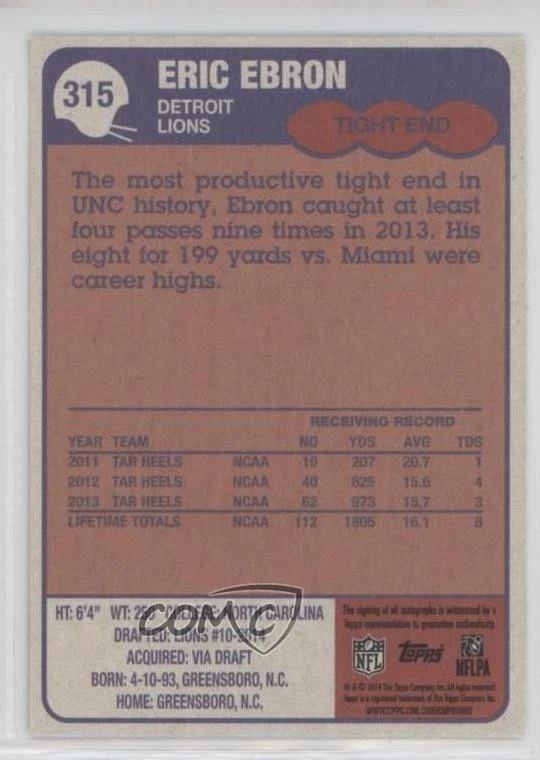 2014 Topps 1985 Design Auto /150 Eric Ebron #315 Rookie Auto RC - Image 2 of 2