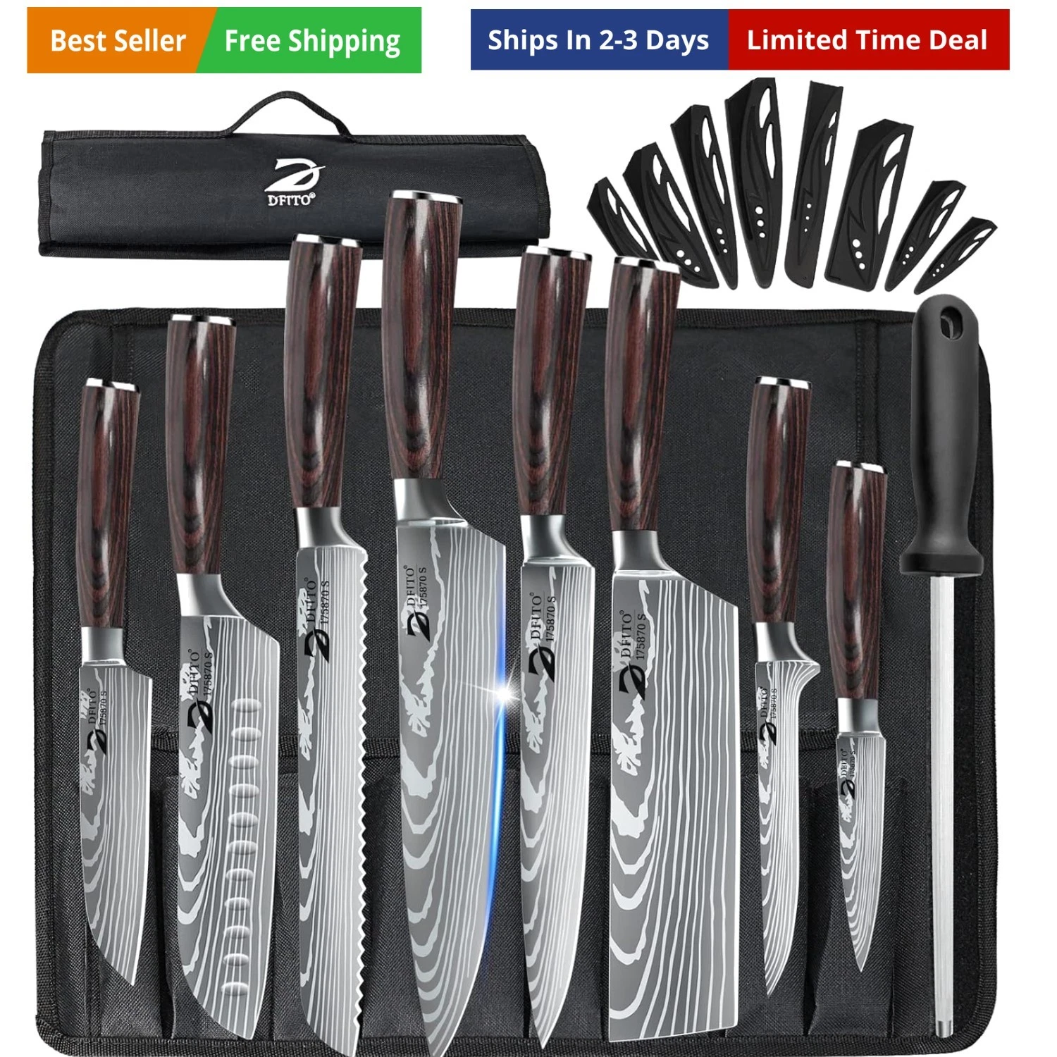 Chef Knife Sets with Roll Bag, 9 Pieces Professional Knife Set, High Carbon S...
