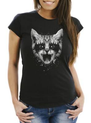 Damen T-Shirt Black Metal Cat Katzenmotiv Rock Heavy Pussy Cat Slim Fit