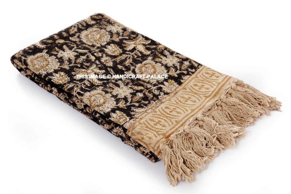 Bohemian Hand Block Printed Cotton Throw Large Sofa Couch Blanket Indian Throws - Image 4 of 4