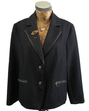 Via Veneto Blazer Jacket 16 Grey Golden Lapel Pin Faux Leather Trim Stretchy