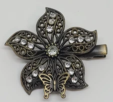 Women's Scarf or Dress Clip Flower Butterfly Rhinestones Brass Tone Unbranded