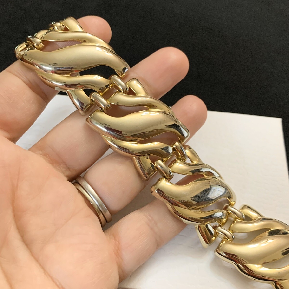 Vtg Haute Couture Wide Gold Tone Panel Link Bracelet MOD 7.5