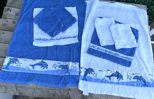 Retro Damart 8 piece Baby toddler Towel flannel wash mitt Set Blue white whale
