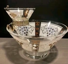 VTG Grape Design Gold Detail Chip & Dip Glass Bowls & Holder Anchor Hocking MCM