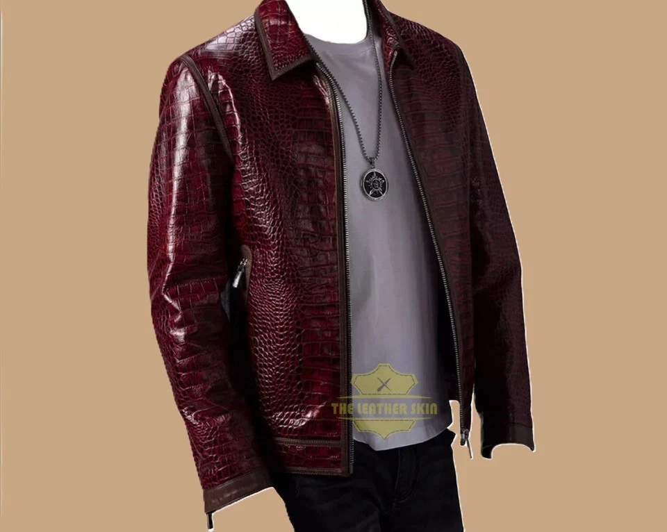 Men's Leather Jacket Burgundy Crocodile Pattern Real Luxury Leather Jacket Coat