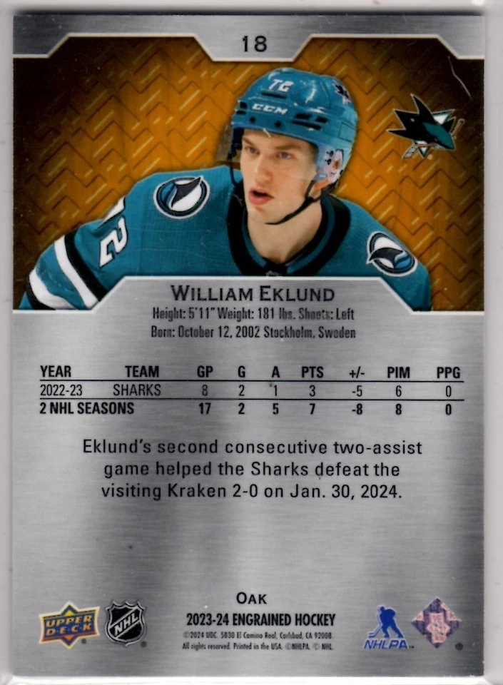 2023-24 Upper Deck Engrained William Eklund Oak Base Card # 18 - Image 2 of 2