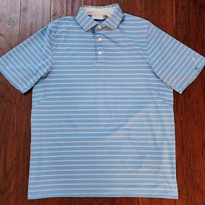 KJUS Golf Polo Shirt UPF 50+ Men's 52 L Baby Blue Striped Bent Tree CC Logo