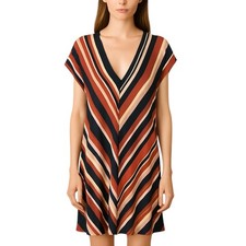 MNG Mango Multicolor Striped Short Drop Sleeve V Neck A Line Mini Day Dress Sz L
