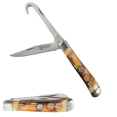 Wild Turkey Handmade 2 Blade Gut Hook Manual Folding Knife w/Burn Bone Handle