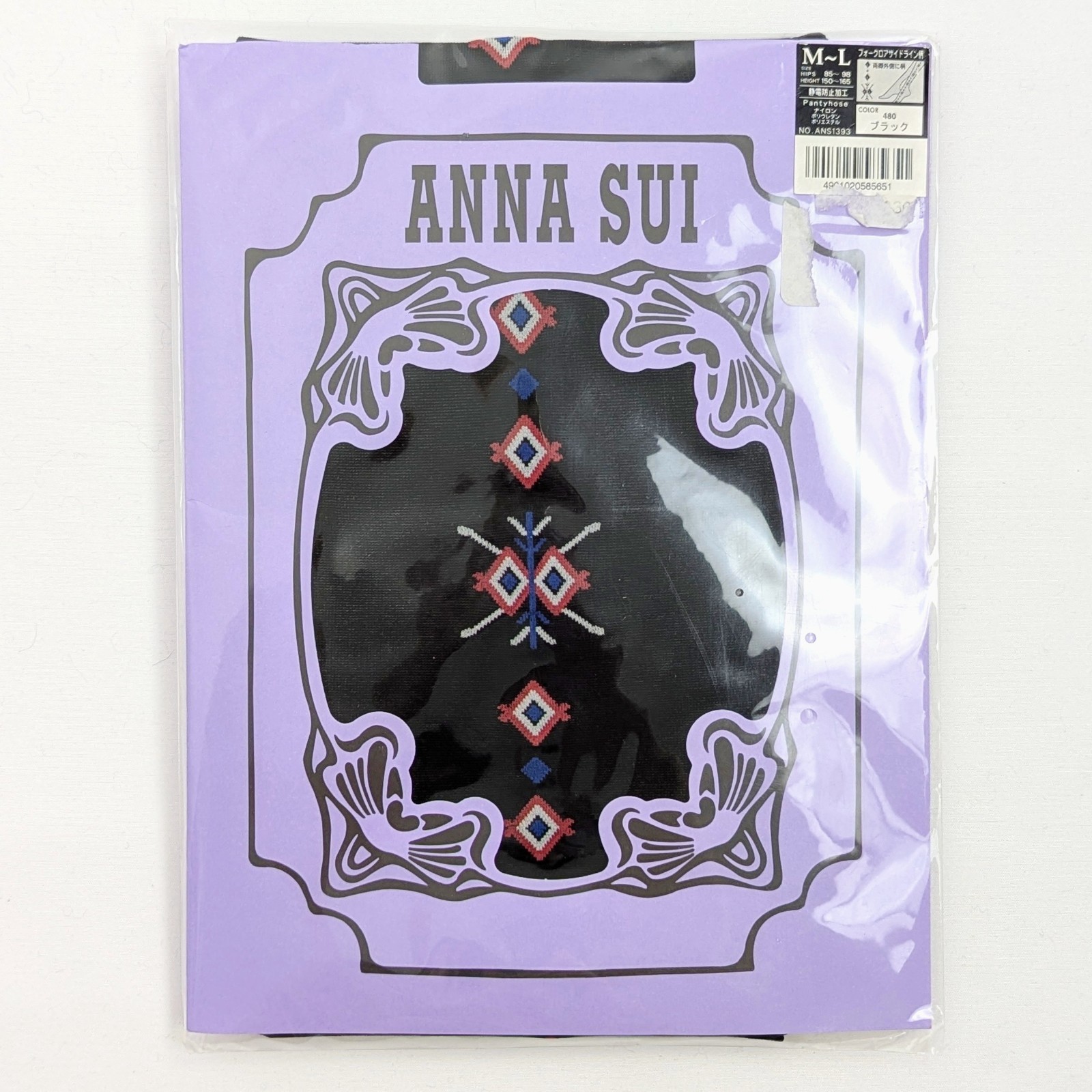 NWT Anna Sui Astugi Black & American Colors Folklore Geometric Pattern Tights