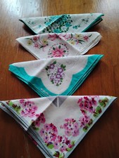 VTG 1950'S FLORAL DESIGNS- 4 ct HANKIES-HAND ROLLED EDGE-NOS