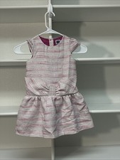 Janie And Jack Dress Woven Bow Waist Cap Sleeve Ivory Pink Silver Tweed Sz 4