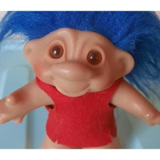 Vintage Dam Norfin Troll 5" Medium Plain Classic Red Felt Shirt Blue Hair 1986 