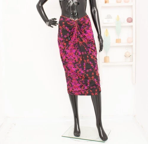 Just Cavalli Ruched Floral Print Midi Skirt Gathered Rear Zipper Women's IT46 M
