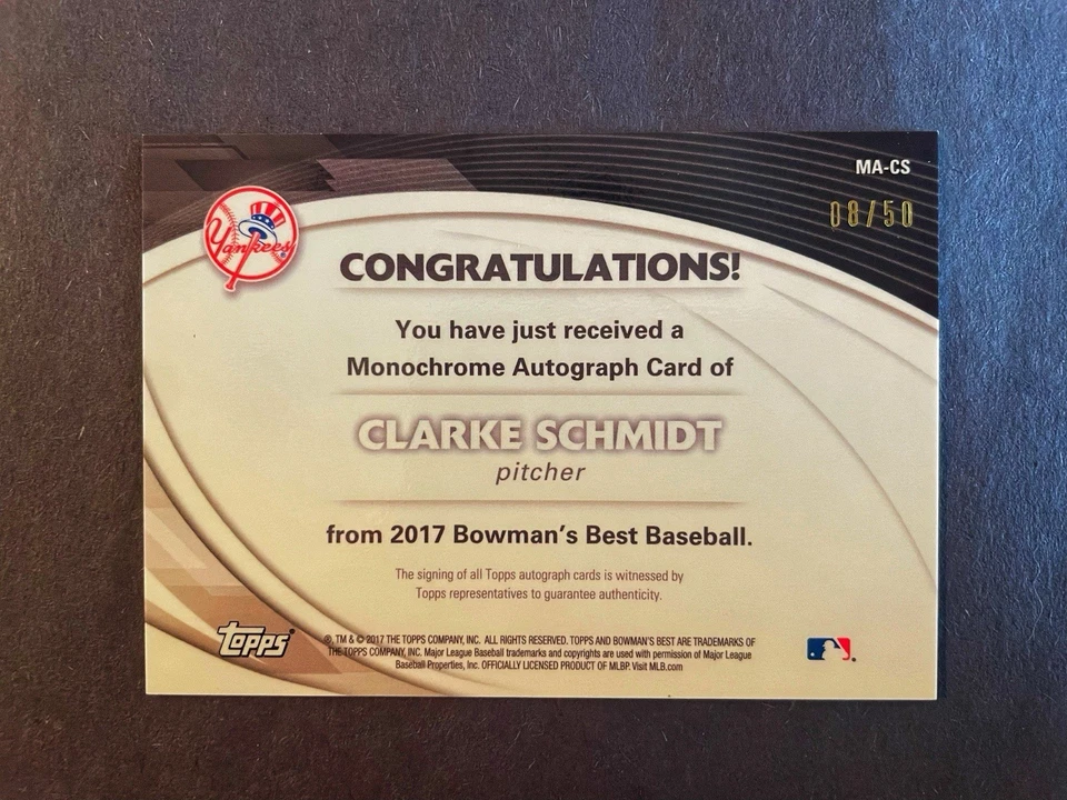 2017 Bowman’s Best CLARKE SCHMIDT “Monochrome” Rookie Auto GOLD REFRACTOR /50! - Image 2 of 2