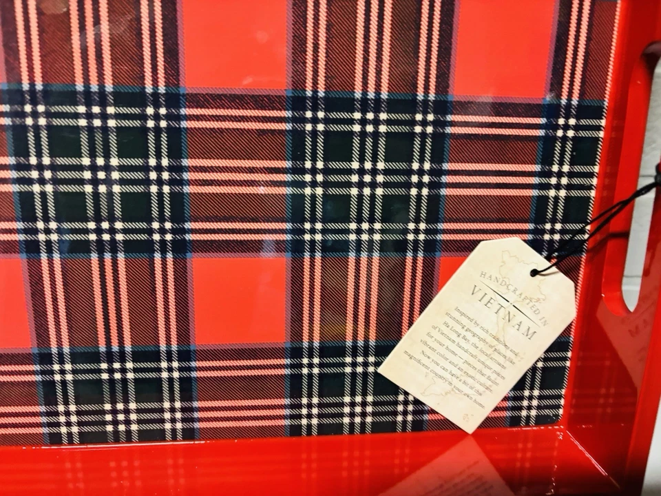 NWT Ralph Lauren Inspired Handmade Red Wooden Plaid Lacquered Serving Tray - Image 3 of 4