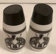 Vintage Black Grecian Corning Like Van Pak Salt and MCM Pepper Shaker Set