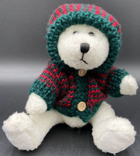 Vtg 1998 Plush Christmas White Teddy Bear Green Plaid Hat Button Sweater 6"
